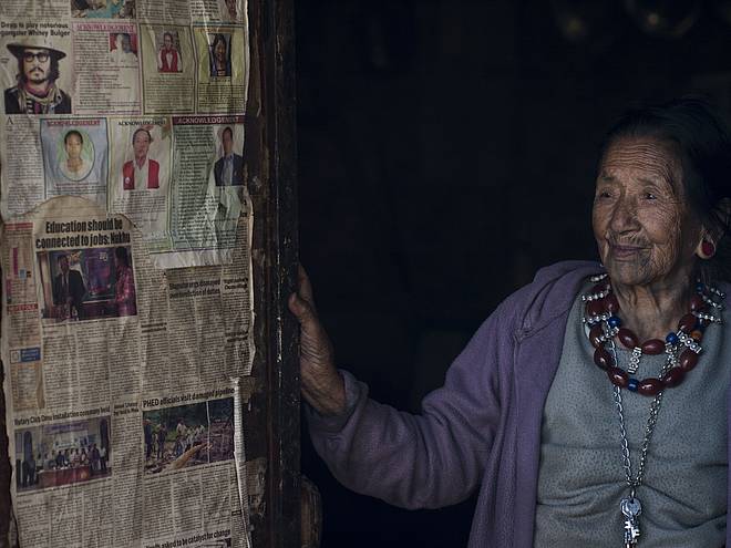 Project "Headhunters' Paradise", Tsakjemla, a 98-year old woman, with face tattoos as they were usual in former times, Mokokchung, Nagaland; Ao-Naga, 11/23/14; photo: Edward Moon Little